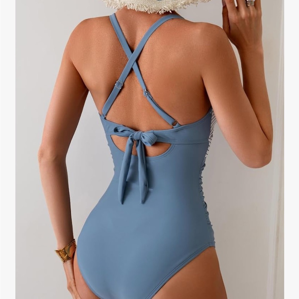 Blue and White One-Piece Swimsuit with Ruching - Picture 2 of 2